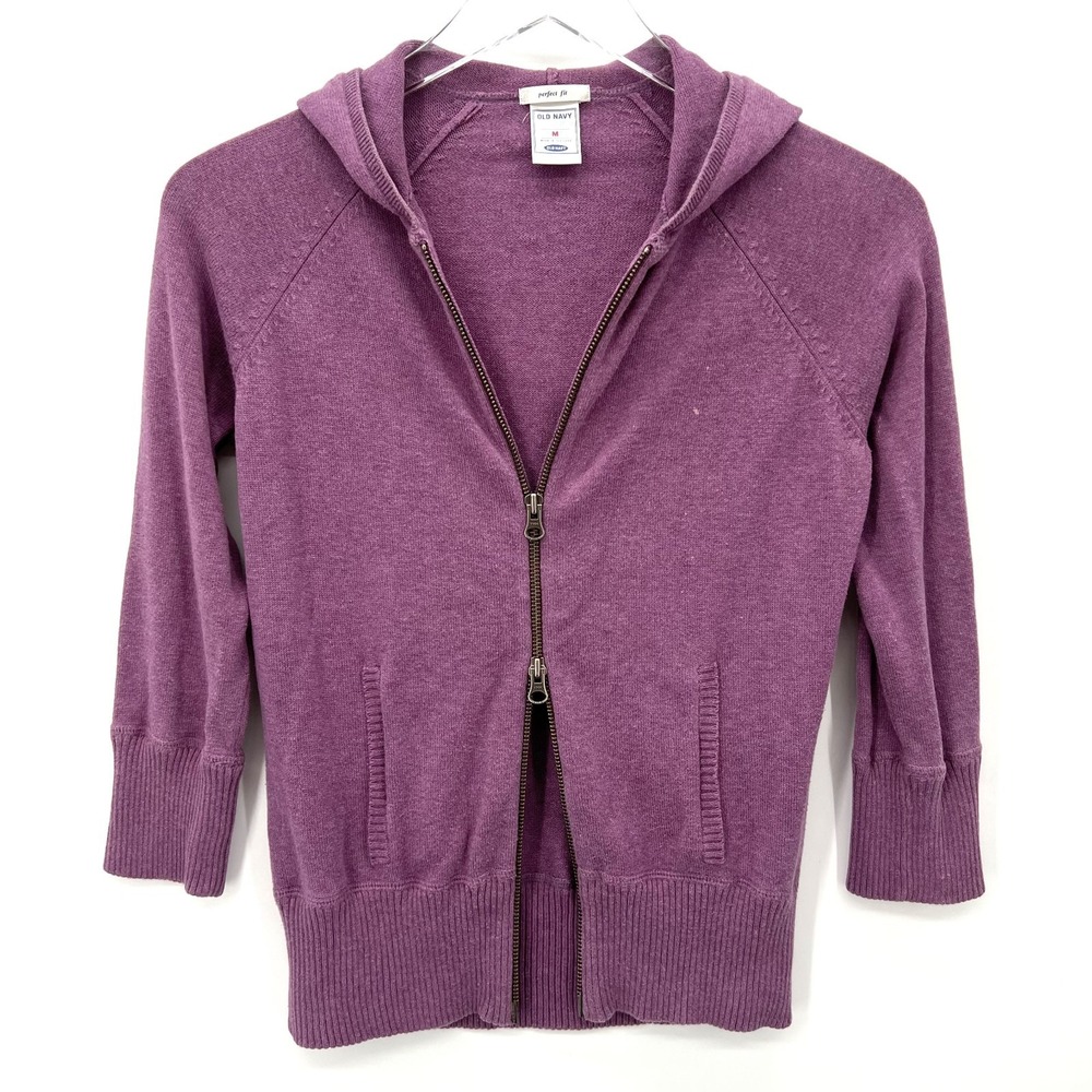 Y2K Old Navy Zip Up Cardigan‎ Sweater Size M Hoodie Purple 3/4 Sleeve Soft Girl